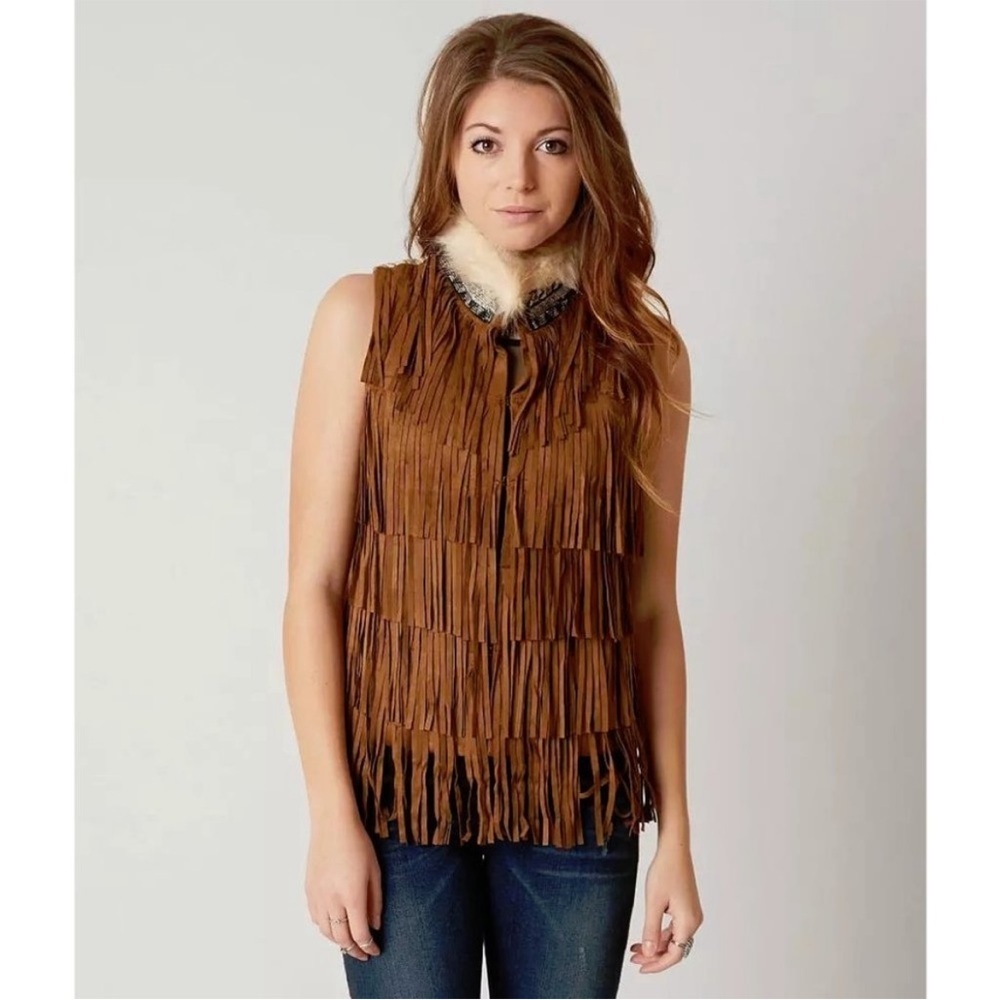 Miss Me Brown Fringe Suede Vest with Fur Trim